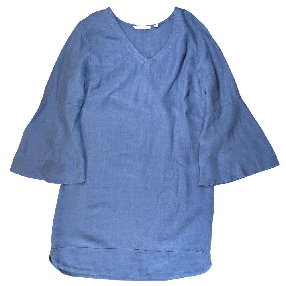 Soft Surroundings Milano Blue 100% Linen V-Neck Bell Sleeve Tunic Dress Womens M